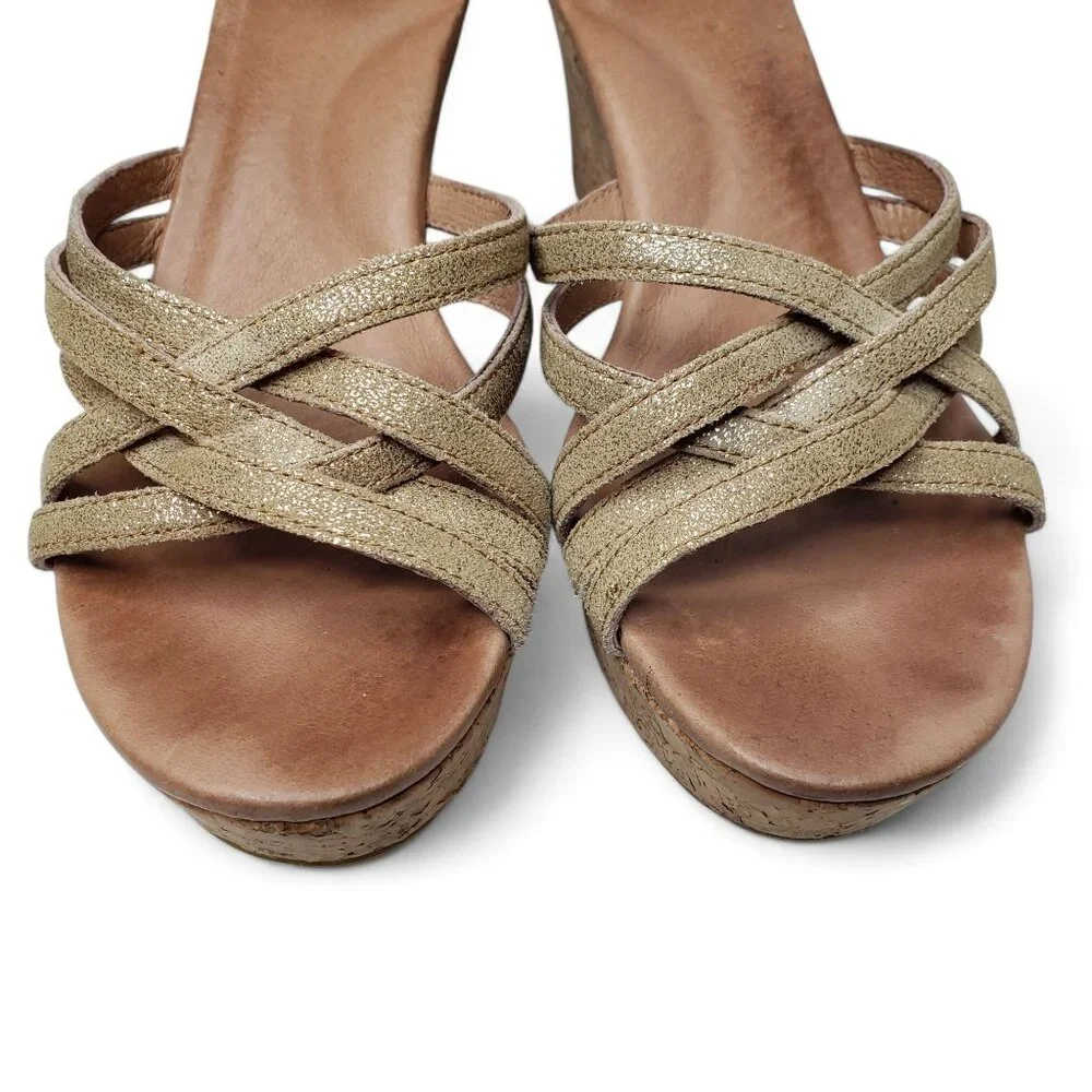 Ugg Lillie Platform Wedge Women's Metallic Gold Woven Strap Braided Ankle 9.5